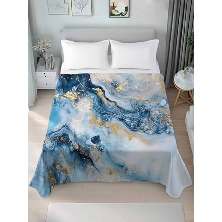 Blue Abstract King Size Flat Sheet, Wrinkleproof & Fadeproof Cooling Flat Bed Sheet Only, Modern Marble Yellow Ombre Breathable Soft Bedding Top Sheets 105 x 98 Inches