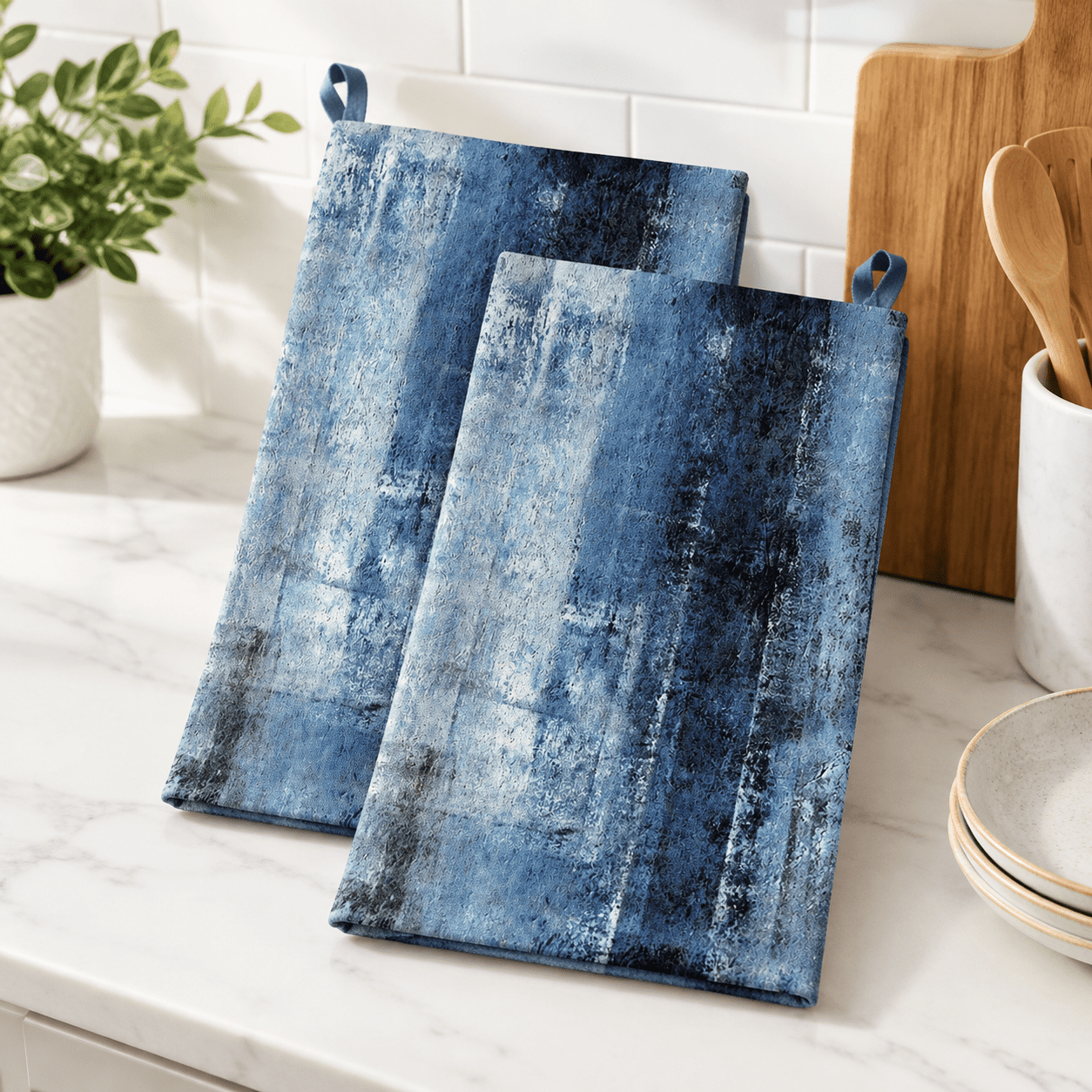 Blue Abstract Kitchen Towels 2 Pack Absorbent Quick Dry with Hanging ...