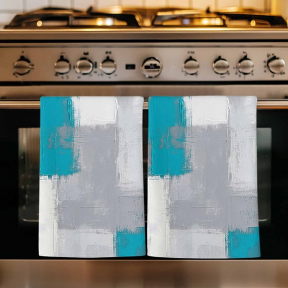 Blue Abstract Kitchen Towels Set of 3, Grey Geometric Oil Painting Vintage Gradient Absorbent Dish Towels for Kitchen, Microfiber Hand Towel, Quick Drying Tea Towel for Cleaning Decorative Dishcloths