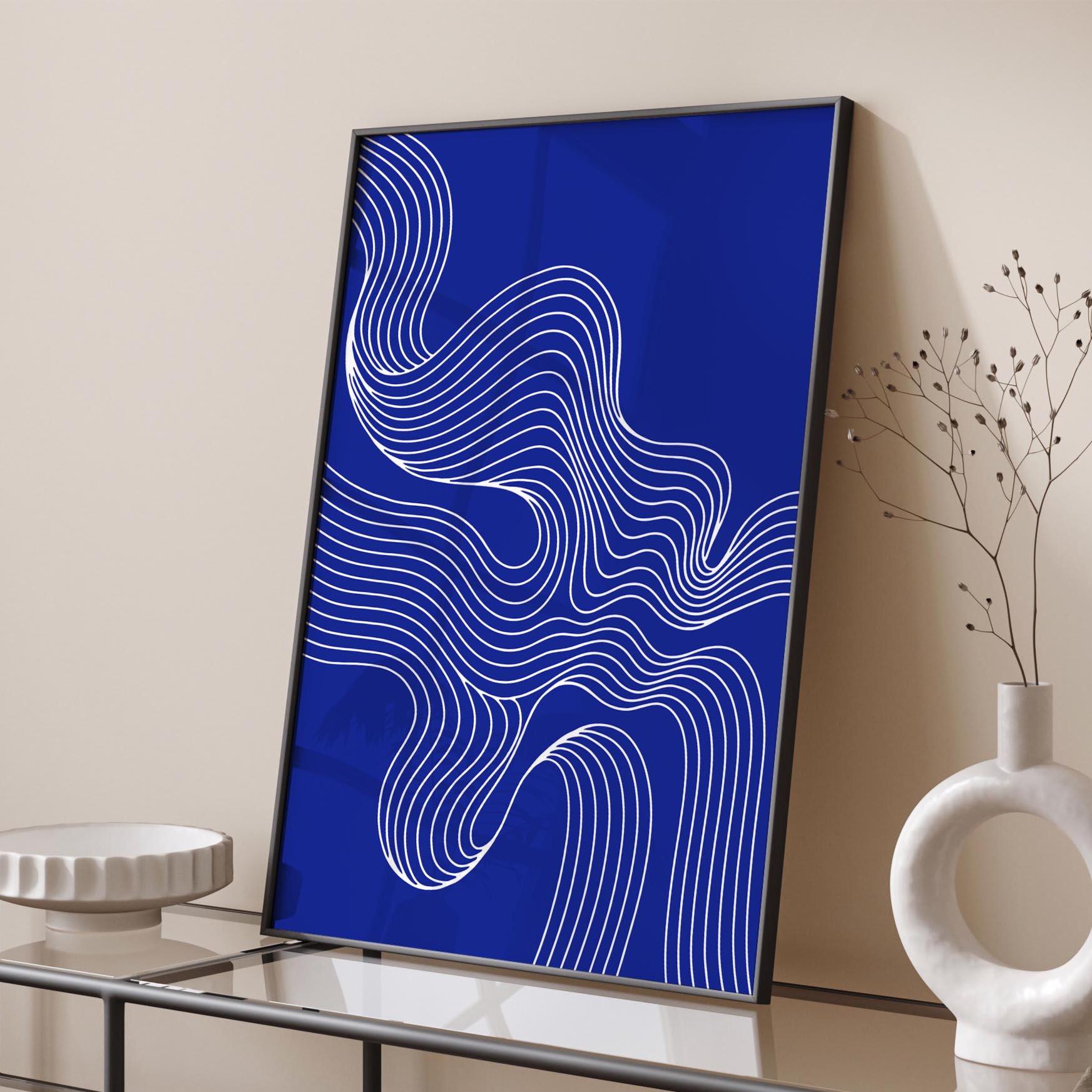 Blue Abstract Line Art Print, Modern Wavy Minimalist Wall Poster ...