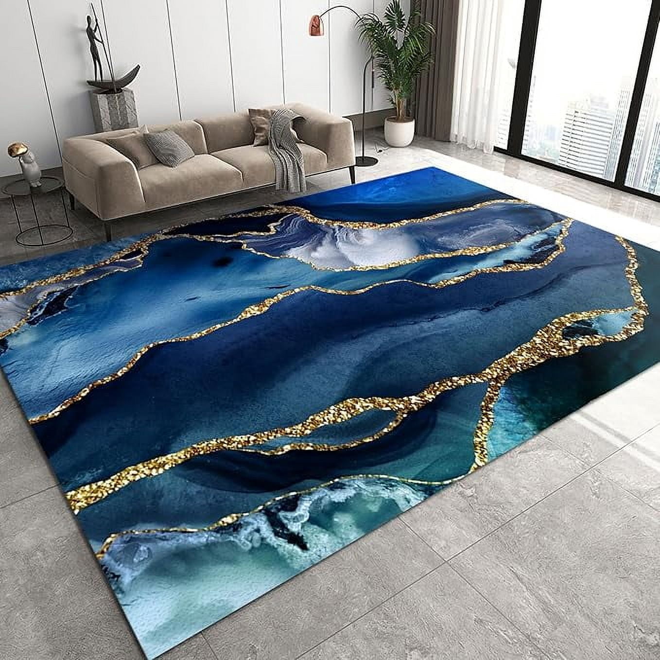 Blue Abstract Marble Area Rug, Golden Glitter Texture Carpet, Soft ...