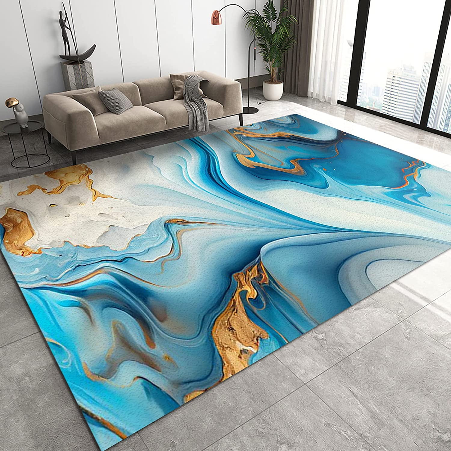 Blue Abstract Marble Area Rugs, Green and White European Artistic Water ...