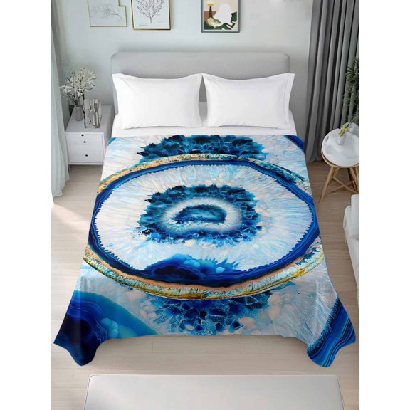 Blue Abstract Marble Queen Size Flat Sheet, Wrinkleproof & Fadeproof Cooling Flat Bed Sheet Only, Modern Abstract Art Breathable Soft Bedding Top Sheets 90 x 102 Inches
