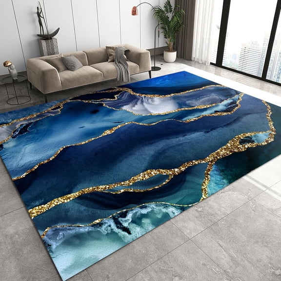 Blue Abstract Marble Rug, Golden Glitter Texture Carpet, Soft Comfy Washable Non-Slip Modern Indoor Outdoor Decorate Living Room Rug for Kitchen Bedroom Dining Room 2ft x 3ft