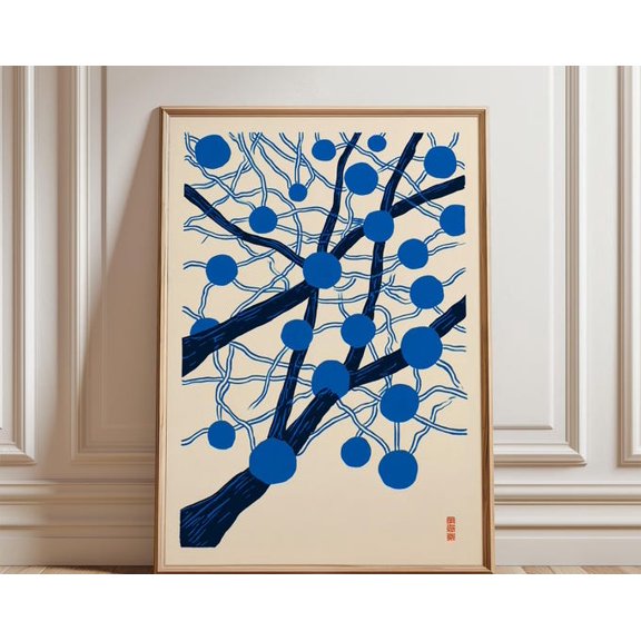 Blue Abstract Network Organic Line Node Illustration Modern Graphic Wall Art, Unframed Paper Poster 8x10in