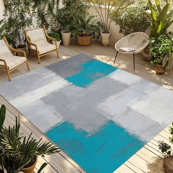 Blue Abstract Outdoor Rug for Patio/Deck/Porch, Non-Slip Large Area Rug 5 x 7 Ft, Grey Geometric Oil Painting Vintage Gradient Indoor Outdoor Rugs Washable Area Rugs, Camping Rug Carpet Runner