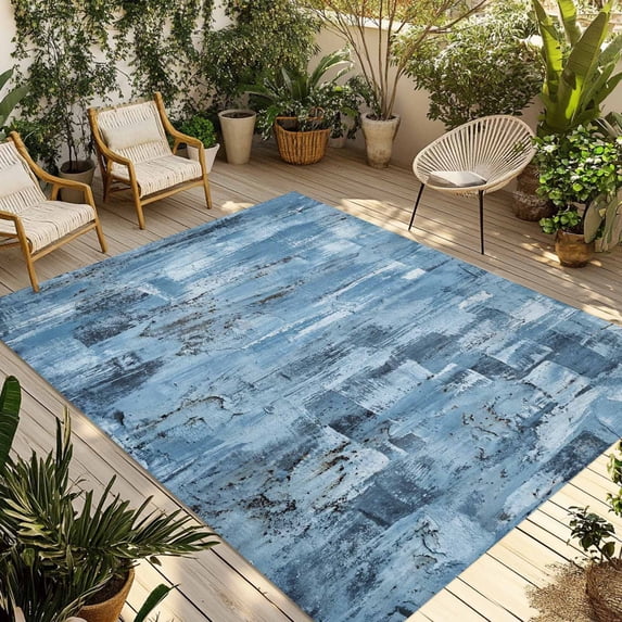 Blue Abstract Outdoor Rug for Patio/Deck/Porch, Non-Slip Large Area Rug 5 x 8 Ft, Vintage Geometric Gradient Oil Painting Simple Indoor Outdoor Rugs Washable Area Rugs, Camping Rug Carpet Runner