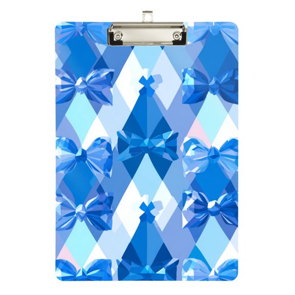 Blue Abstract Patterns Crystal Liked Bows Acrylic Clipboard Drawing Board with Hook Writing Pad File Storage A4 Size Silver 12.5" x 9"
