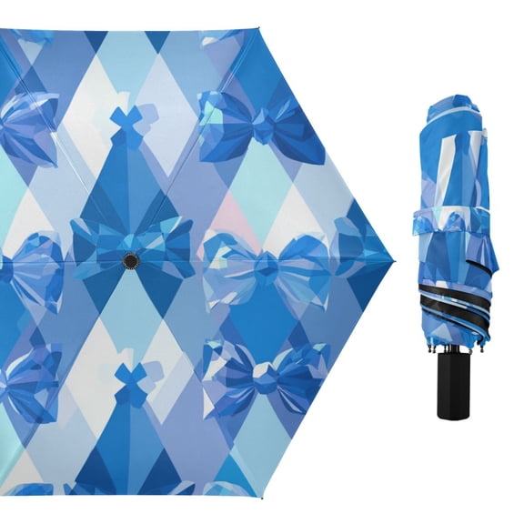 Blue Abstract Patterns Crystal Liked Bows All Weather Umbrella Triple Folding Parasol 6 Ribs UV Protection Portable