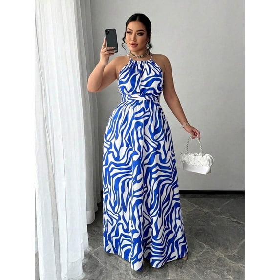 Blue Abstract Print Halter Neck Tie Waist A-Line Maxi Dress For Women