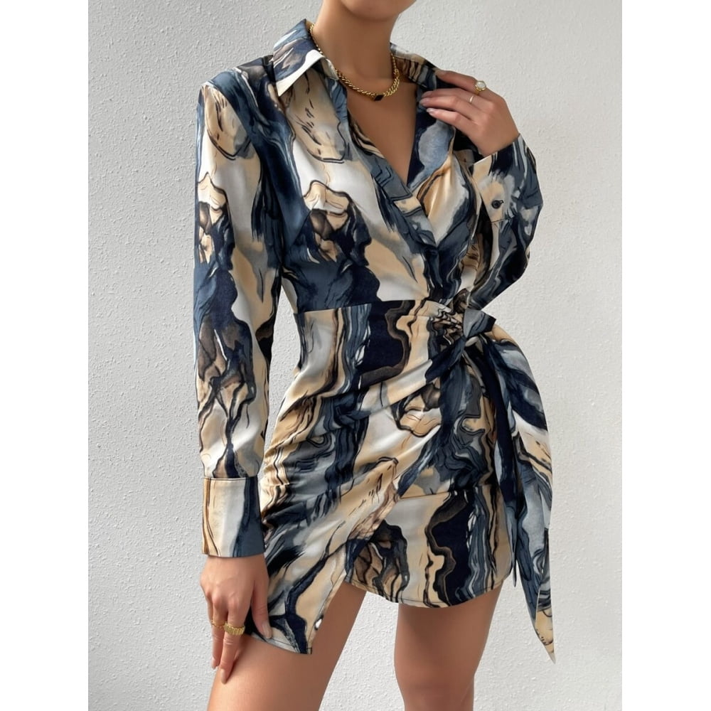Blue Abstract Print Knot Side Wrap Shirt Dress - Walmart.com