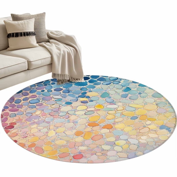 Blue Abstract Round Area Rug 3 FT, Small Kitchen Bathroom Mat, Orange Yellow Gradient Stone Brushwork Washable Indoor Outdoor Throw Runner Carpet Non-Shedding Doormat for Table Shower Sofa Entryway