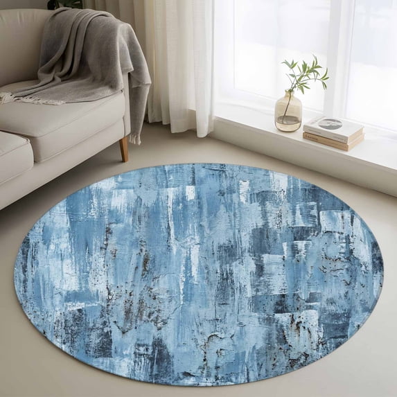 Blue Abstract Round Area Rug 4Ft Washable Circle Rugs for Bedroom Dining Room, Vintage Geometric Gradient Oil Painting Simple Non-Slip Carpet Floor Mats Indoor Outdoor Carpet Runner Home Decor
