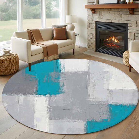 Blue Abstract Round Area Rug 7Ft Washable Circle Rugs for Dorm Laundry Room, Grey Geometric Oil Painting Vintage Gradient Non-Slip Carpet Floor Mats Indoor Outdoor Carpet Runner Aesthetic Home Decor
