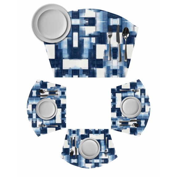 Blue Abstract Round Placemats Set of 2, Modern White Brush Texture Ombre Placemats for Round Dining Table Shape Wedge Placemats for Outdoor Indoor Wipeable Clean Table Place Mats
