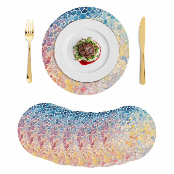 Blue Abstract Round Placemats Set of 8, Braided Polypropylene Place Mats, Orange Yellow Gradient Stone Brushwork Washable Table Mats for Kitchen Dinner Holiday Wedding Party Coffee Table Decor 15"
