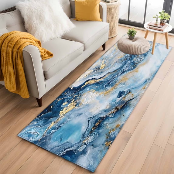 Blue Abstract Runner Rug 2x6 FT, Non Slip Hallway Rugs, Modern Marble Yellow Ombre Washable Soft Floor Carpet Non-Shedding Throw Runner Carpet Long Rug for Entryway Kitchen Bedside Sliding Door