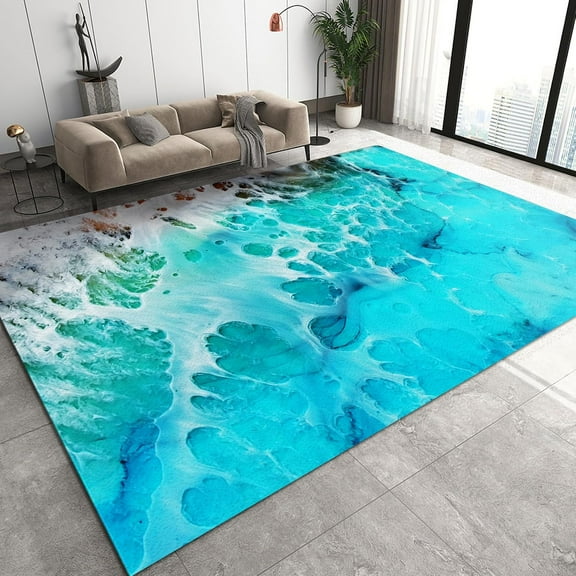 Blue Abstract Sea Water Area Rugs, Creative Exquisite Art Ultra Soft Rugs, Stain Resistant Non-Slip Easy to Clean Carpet for Living Room Bedroom Door Porch High Traffic Areas 3x5ft