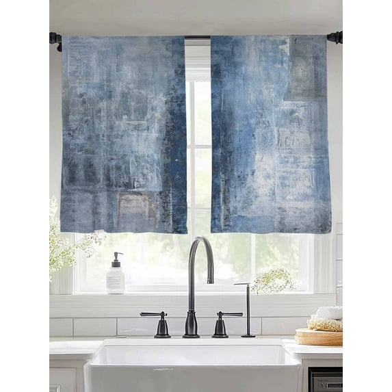Blue Abstract Sheer Curtains 45 Inches Long 2 Panels Vintage Graffiti Light Filtering Semi Sheer Window Curtains Drapes for Bedroom Living Room 52"x45"