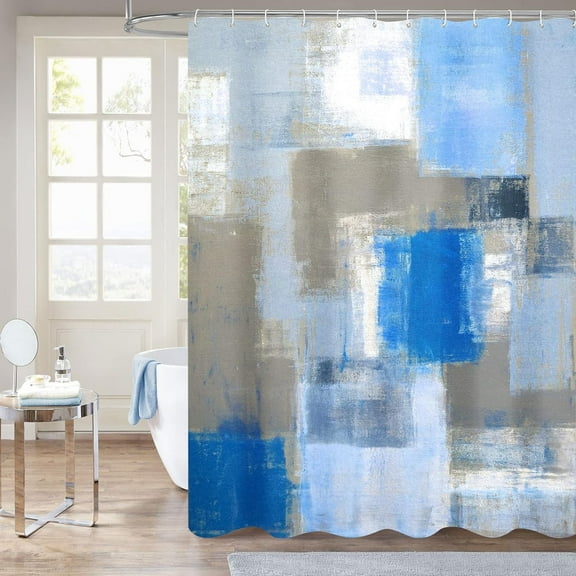Blue Abstract Shower Curtain with Hooks, Modern Shower Curtain for Light Blue Bathroom Decor, Paint Brush Graffiti Design, Sky Blue, 72 x 72