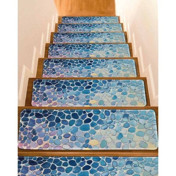 Blue Abstract Stair Treads for Wooden Steps Indoor Runner Rug Carpet, Orange Yellow Gradient Stone Brushwork 4 Pieces Peel and Stick Staircase Step Treads Covers Washable Throw Door Mats, 30"x8"