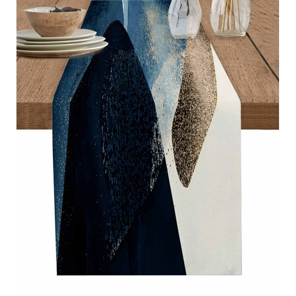 Blue Abstract Table Runner-Cotton Linen- 90 Inch Holiday Dresser Scarves, Rustic Ocean Wave Geometric Boho Patterns Tablerunner for Kitchen Coffee/Dining Bedroom Living Room Dinner Scarf Décor 13x90