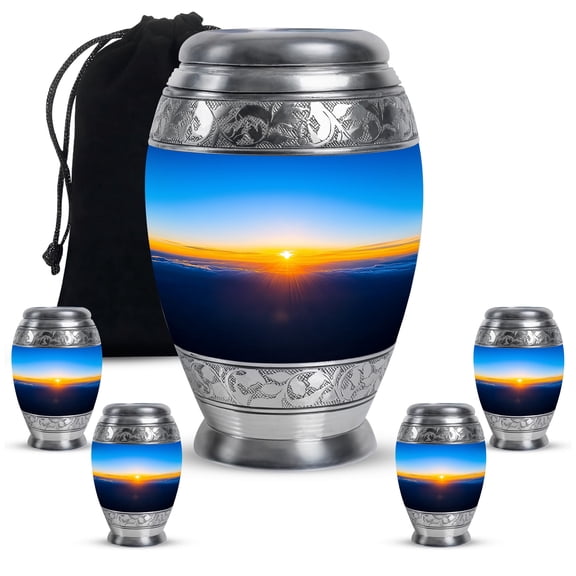 Blue Abstract Urn for Ashes Adult, Decorative Funeral Urn, Blue Abstract Theme Cremation Memorial Sharing Urns for Ashes with Lid - 3inch 4pcs Small & 10inch 1pcs Large Size Combo- Pack of 5