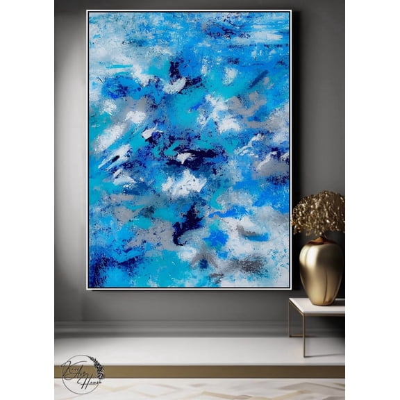 Blue Abstract Wall Art Painting Handmade Canvas Ocean Waves Modern Home Decor for Living Room Bedroom Office Unstretched (Rolled) 24x36 inches