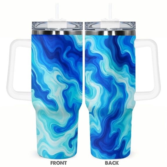 40oz Blue Abstract Water Swirl Fluid Ocean Waves Insulated Tumbler with Handle and Straw Travel Cup Car Cup