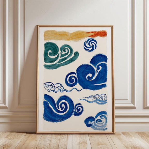 Blue Abstract Wave Swirling Ocean Clouds Painted Sky Decor, Unframed Paper Poster 8x10in