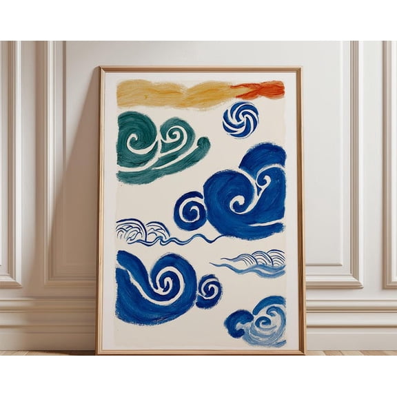 Blue Abstract Wave Swirling Ocean Clouds Painted Sky Illustration Wall Art, Unframed Paper Poster 24x36in