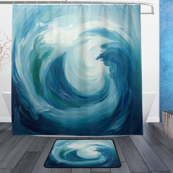 Blue Abstract Waves Bathroom Accessory Sets Waterproof Shower Curtain with Anti-Slip Bath Mat Durable Combo