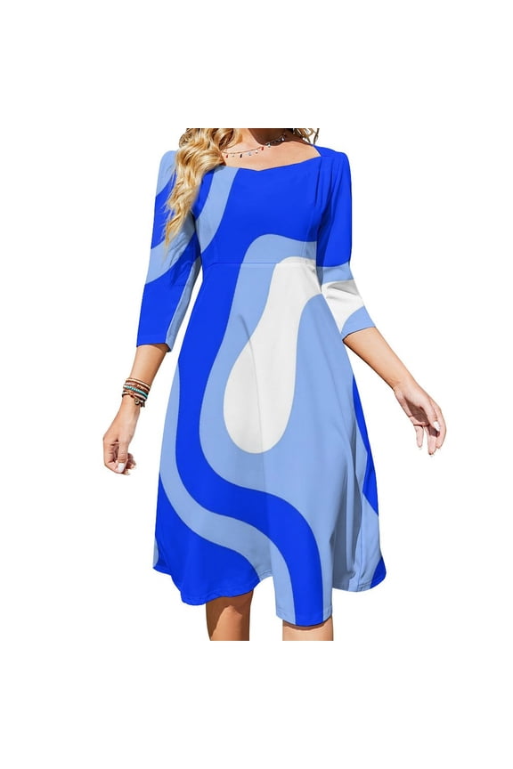 Blue Abstract Wavy Paper Art Flare Dress Square Neck Dress Elegant Female Fashion Printed Dress