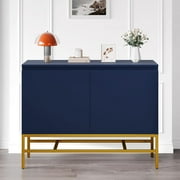 Blue Accent Cabinet with 2 Doors and Gold Metal Legs, FURNINEST Entryway Cabinet, Modern Storage Cabinet with Adjustable Shelves, Wood Accent Cabinet Furniture for Living Room Entryway Dining Room