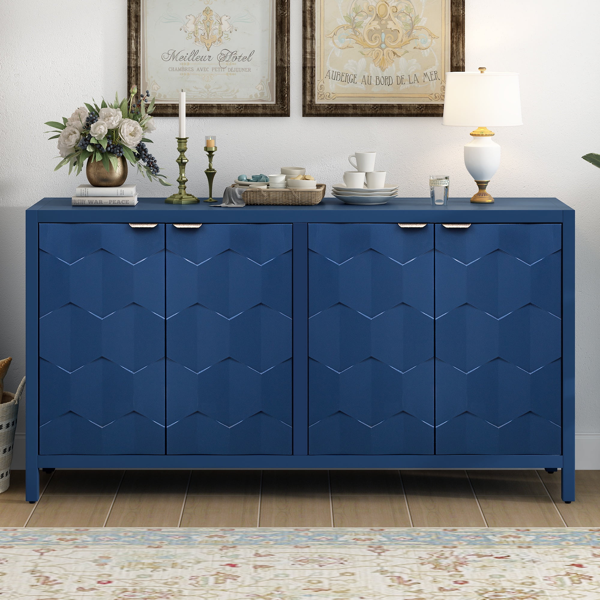 Blue Accent Cabinet with 4 Doors, Atumon Buffet Cabinet, Modern Buffet Sideboard with Adjustable ...