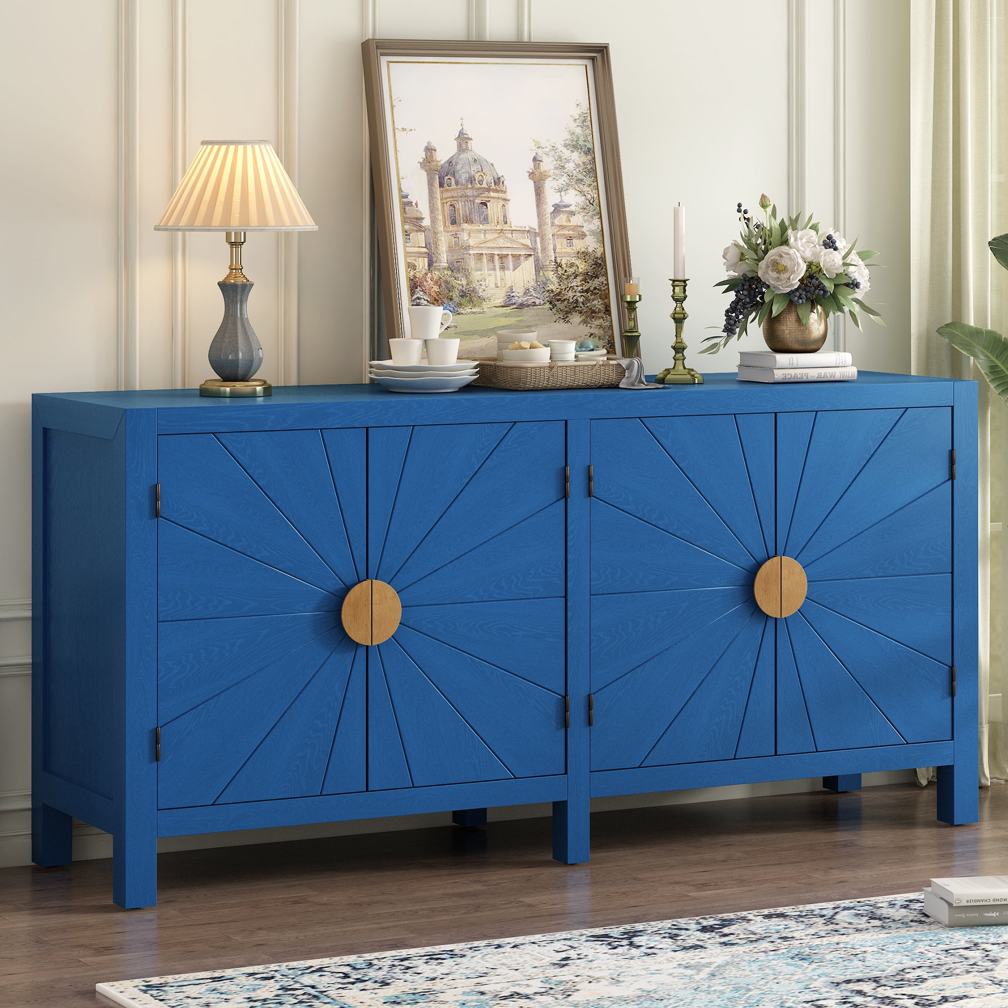 Blue Ash Veneer 60" Modern Sideboard Cabinet with Adjustable Shelves