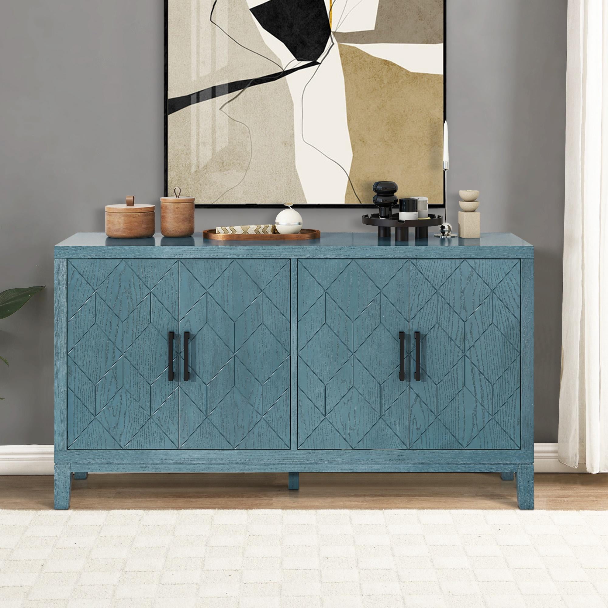 Blue Accent Cabinet with 4 Doors, TUANLUO Storage Cabinet, Wood Buffet ...
