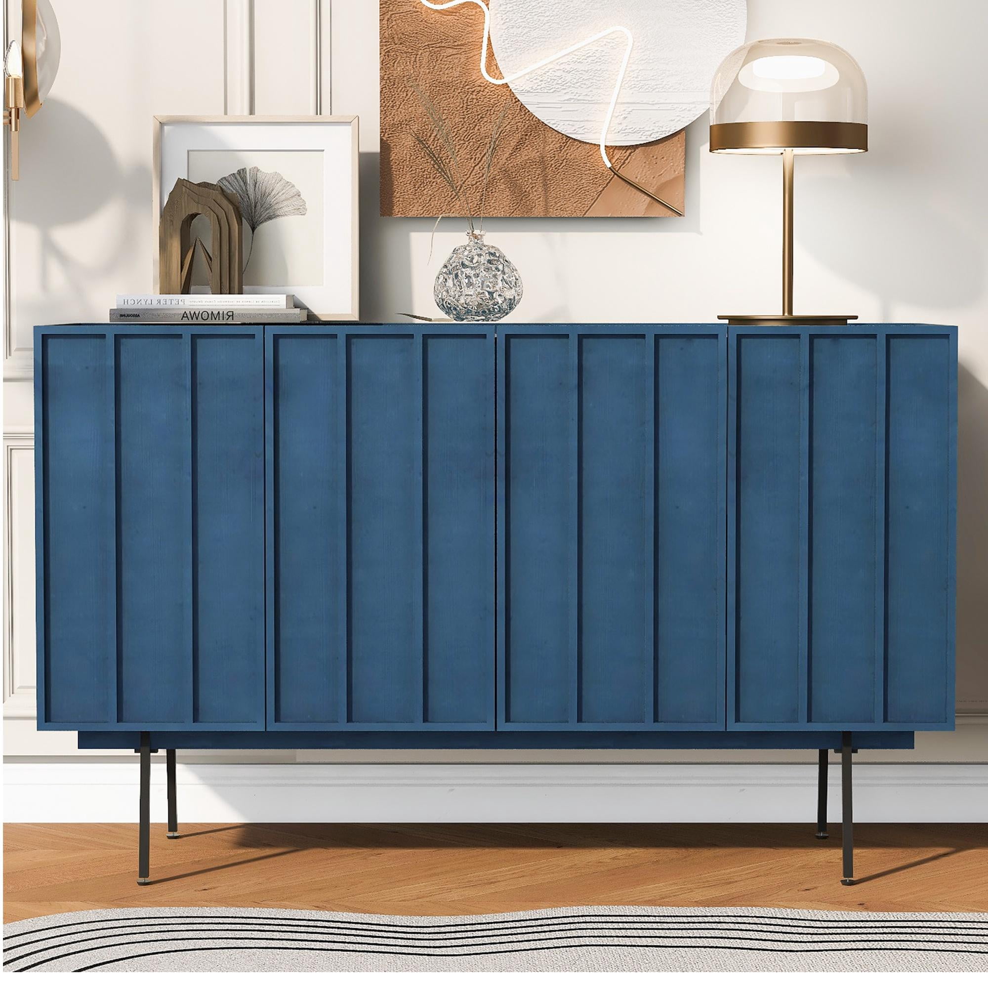 Blue Accent Cabinet, Atumon Buffet Cabinet with Wave Pattern Design, Storage Cabinet with 4 ...