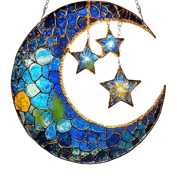 Blue Acrylic Stained Acrylic Moon Suncatcher Window Hanging Decor, Celestial Star Ornament Gift for Home