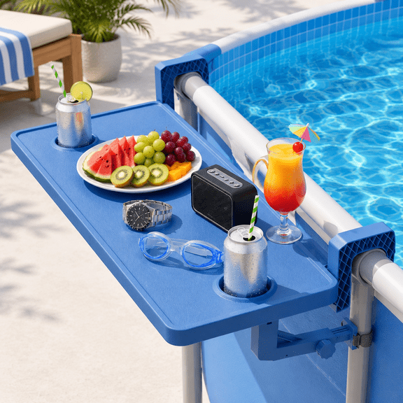 Blue Adjustable Above Ground Round Poolside Bar Table with Drink Holders