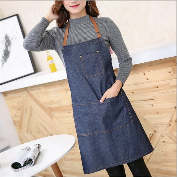 Blue Adjustable Denim Jean Kitchen Apron with 4 Pockets for Women (Denim)