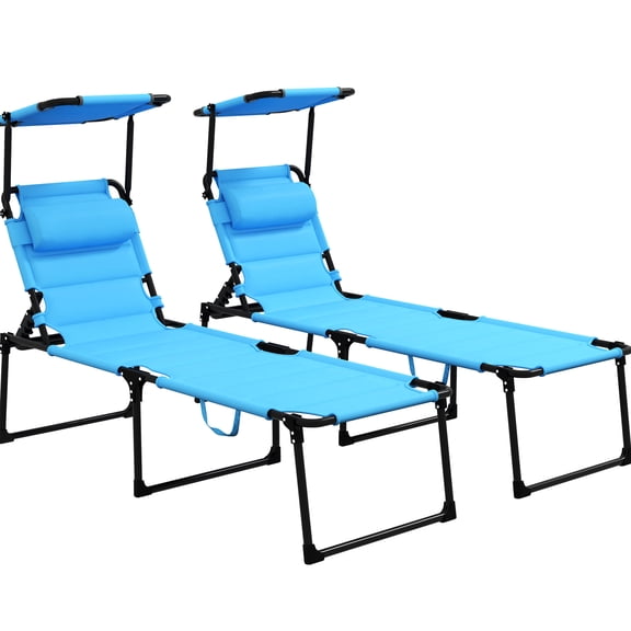 Blue Adjustable Folding Deck Chair, 2 Pcs With Sunshade Roof And Pillow For Outdoor Hiking Reclining & ,