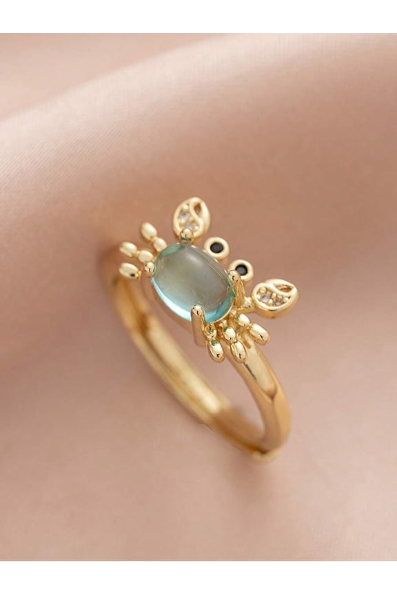 Blue Adjustable Mini Crab Ring For Women, Cute Vintage Summer Beach Style Goldtone With Light Blue Stone Jewelry