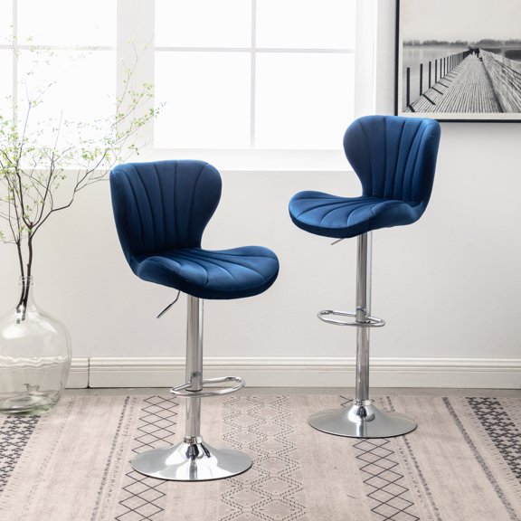Blue Adjustable Swivel Barstools | 360-Degree Swivel for Fluid Movement in Bars | Soft Velvety Polyester and Foam | Fix the Problem of Stiff Seats
