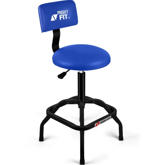 Blue Adjustable Workshop Stool With Backrest, Padded PVC Seat, 360