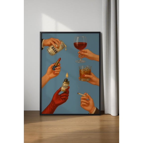 Blue Aesthetic Cocktail, Lipstick And Whiskey Illustration Art, Beer, Whiskey Art, Trendy Wall Art #106, Unframed Poster Size 8x12