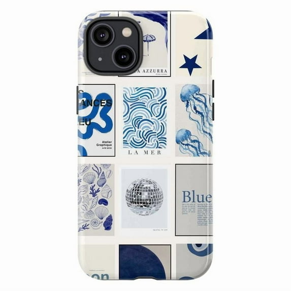 Blue Aesthetic Collage iPhone Case, Ocean Jellyfish & Abstract Art Design Protective Cover, Scrapbook Style Phone Case for iPhone 16 15 14 13 12 11 Pro Max Plus Mini