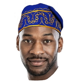 Blue African Kufi Hat with Gold Embroidery