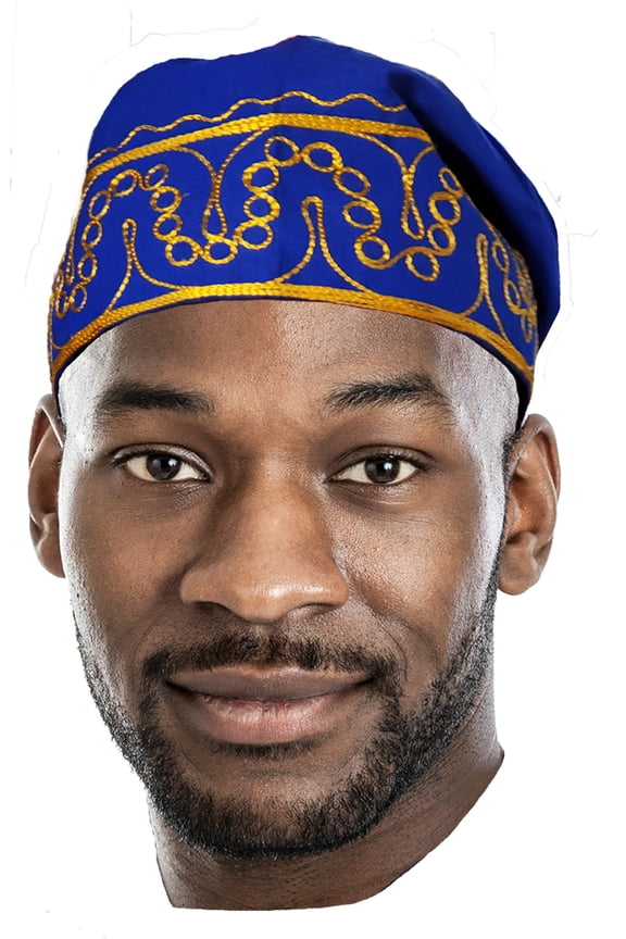 Blue African Kufi Hat with Gold Embroidery