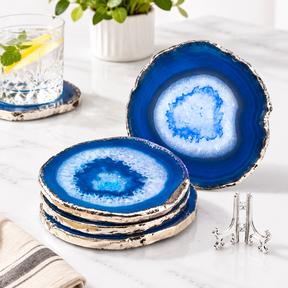 Blue Agate Coasters Set Of 4 Large Geode Coaster For Drinks 4.5"-4"stone Stone Slices Cup Mat Home Decor By Suitable Coffee Table